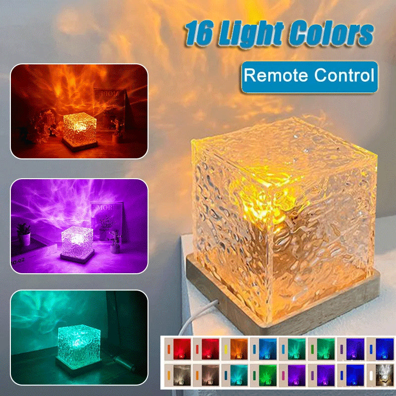 Water Ripple LED Projection Lamp – 16 Colors RGB Crystal Night Light, Rotating & Dimmable USB Table Lamp for Home Decoration